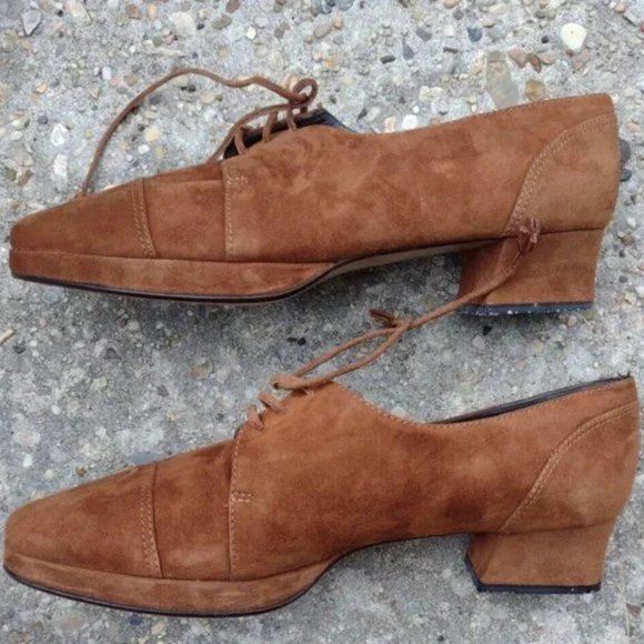 Vintage Ellen Tracy Italy Brown Suede Oxford Heel Shoes 10M NWOT Quiet Luxury - Picture 4 of 8